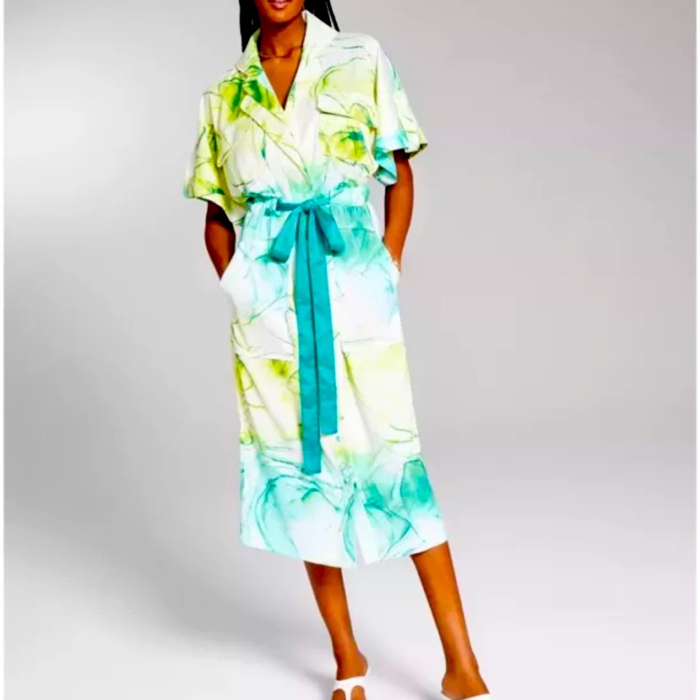 INC X Jeannie Mai Women Green Marble Print Waist Tie Notch Collar Dress Size L